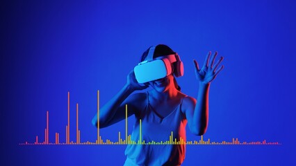 Smiling woman listening and dancing on fun song using VR headset with graphic equalizers electronic modern at studio dynamic lighting in music and technology concept blue background. Hallucination.