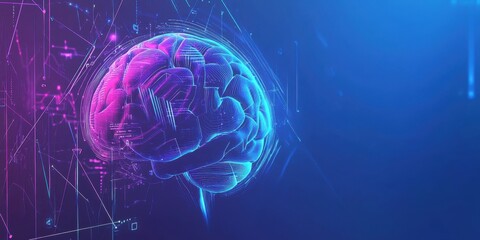 Poster - a blue background with futuristic elements, including an ai brain and digital lines the design is si