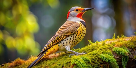vibrant yellow-shafted northern flicker perches on a moss-covered tree trunk, showcasing its distinc