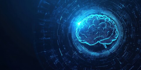 Poster - a blue background with futuristic elements like a glowing brain icon and holographic digital circle,
