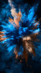 Wall Mural - A captivating and immersive explosion of blue and orange powder on a deep black background, captured in pristine HD quality, showcasing the vibrant colors.