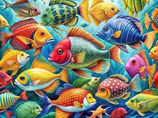 Wall Mural - Vivid Hand-Drawn Illustrations Of Diverse Tropical Fish Species In An Array Of Bright Hues