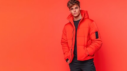 Wall Mural - A man in a red jacket posing against an orange background, AI