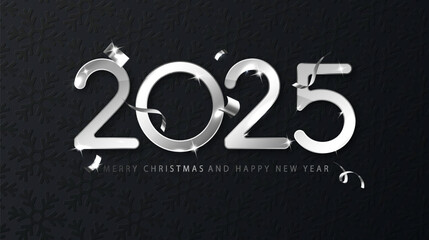 Wall Mural - Silver 2025 Happy New Year with Falling Confetti on Dark Background