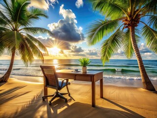 Warm sunlight illuminates a tidy desk situated on a tranquil beach, surrounded by swaying palm trees, calm ocean waves, and soft golden sand.