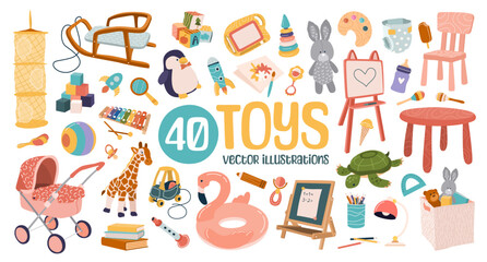 set of 40 cute plush and plastic toys for kids. chalkboard, car, pram, tablet, books, ball, musical 