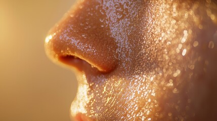 close-up of a person's face covered in sweat, glistening in the warm light.
