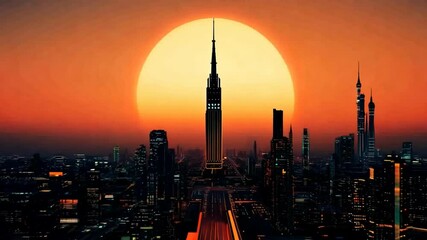 Wall Mural - City landscape artwork with orange sky on the sundown. Textured painting of a cyberpunk city in motion