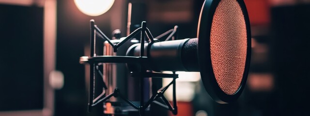 A close-up of a professional studio microphone, soft lighting on the mic and background, recording studio equipment in the background, warm toneS