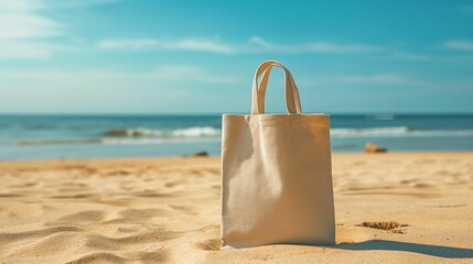 Wall Mural - Canvas tote bag on a sandy beach with ocean in the background.