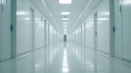  Empty corridor with white walls and doors under fluorescent lighting.