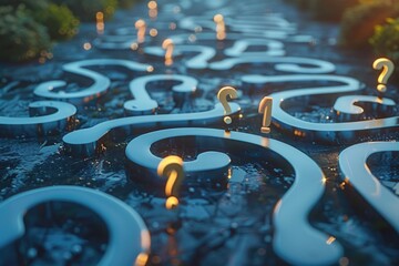 Poster - A path with question marks in the background, suitable for use in illustrations or designs where uncertainty is a theme