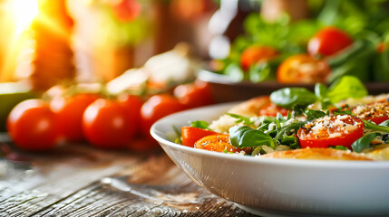 Canvas Print - Dinner Table With Delicious Healthy Food Fresh Veg