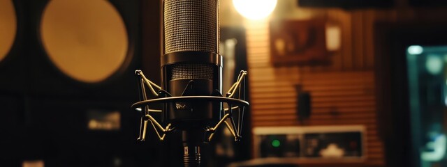 A close-up of a professional studio microphone, soft lighting on the mic and background, recording studio equipment in the background, warm toneS