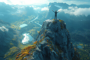 Aufkleber - a person standing at the edge of a cliff, arms wide open, embracing the vast possibilities of the fu