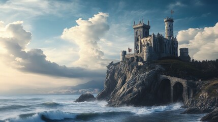 Sticker - A majestic castle stands on a cliff overlooking a stormy