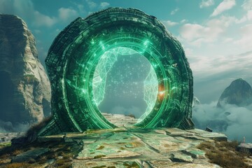 Poster - Portal entrance amidst rocky terrain, ideal for sci-fi and futuristic concepts