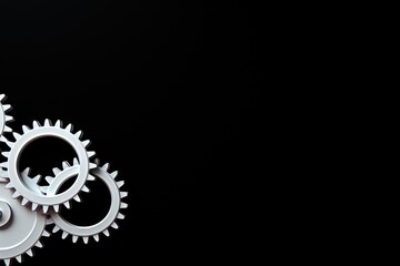 Three white gears on a Black background, laid flat, copy space concept for business technology and development in the abstract vector with copy space for photo text or product