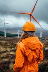 Wall Mural - A person in an orange jacket and hard hat examines wind turbines, great for use in energy or industry related contexts