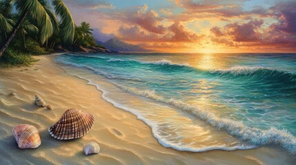 Poster - Seashells on a tropical beach at sunset.