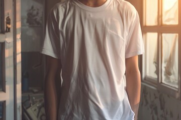 Poster - A man stands by an open window, wearing a white T-shirt