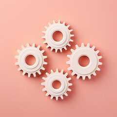 Three white gears on a Coral background, laid flat, copy space concept for business technology and development in the abstract vector with copy space 