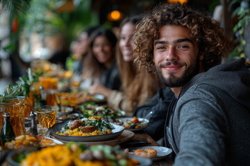 Poster - A diverse group of Gen Z friends sharing a meal, symbolizing inclusivity and multiculturalism. Concept of global friendships and cultural exchange.