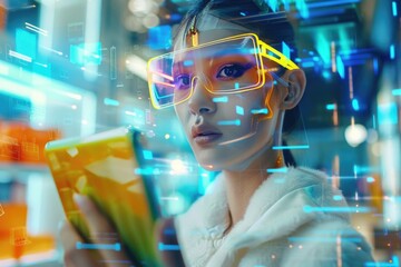 Aufkleber - A woman with glasses is sitting at her desk or table and using a tablet computer, possibly for work or personal use