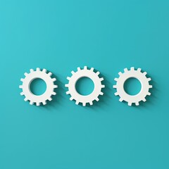 Three white gears on a Cyan background, laid flat, copy space concept for business technology and development in the abstract vector with copy space 