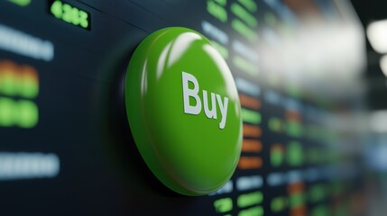 Wall Mural - A green button on a wall with the word buy, AI