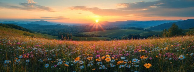 Canvas Print - Sunset Over a Field of Flowers