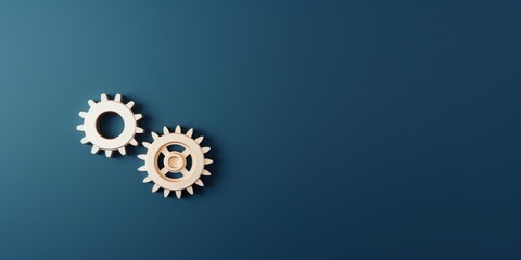 Three white gears on a Navy Blue background, laid flat, copy space concept for business technology and development in the abstract vector with copy space for photo