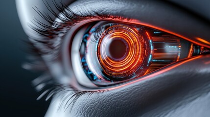 A close up of a futuristic looking eye with glowing red and blue lights, AI