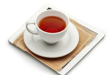 Poster - A single cup of tea sitting on a coaster, ready for serving