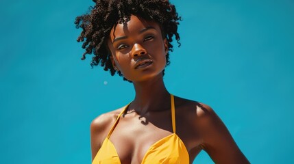 Poster - A woman poses for a photo wearing a bright yellow bikini