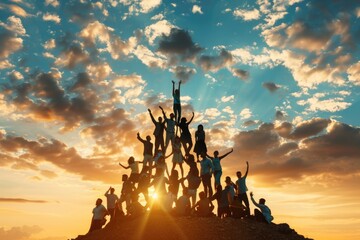 Sticker - A group of people standing at the summit of a mountain, enjoying the scenery and taking in the view