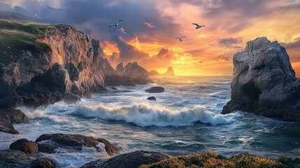 Canvas Print - Dramatic ocean sunset with seabirds and rocky cliffs.