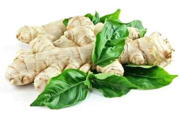 Poster - A pile of fresh ginger with green leaves on a clean white surface