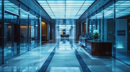 Wall Mural - A long hallway with glass walls and a central plant, suitable for corporate or modern architecture settings