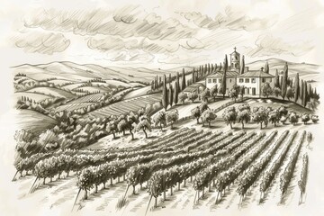 Poster - A picturesque view of a vineyard with a historic church in the distance