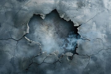 Aufkleber - A hole in a concrete wall with smoke escaping from the interior, potential for industrial or construction site usage
