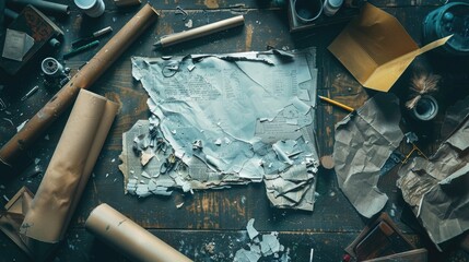 Aufkleber - A cluttered office desk with various papers, documents, and office supplies