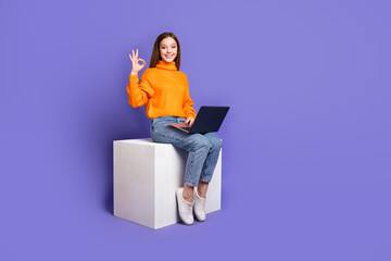 Canvas Print - Photo of blonde cheerful youngster girl in library using laptop during lecture sit podium showing okey isolated on purple color background