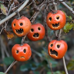 Poster - Whimsical autumn apples displaying playful carved faces in a garden