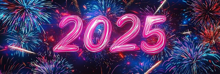 Wall Mural - A brilliant display of colorful fireworks surrounds the neon text '2025', heralding the New Year with vibrant excitement, joy, and festive grandeur against a starry backdrop.