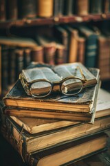 Poster - A stack of books with glasses perched on top, perfect for a study session or bookworm's desk