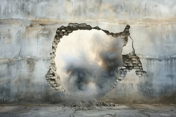 Aufkleber - A hole in a concrete wall with smoke escaping, suitable for industrial or construction scene use