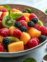 Canvas Print - Bowl of fresh mixed fruit salad with berries and melon