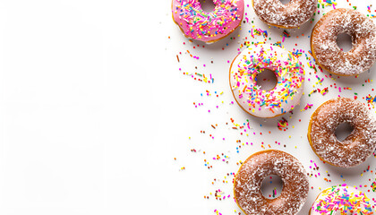 Poster - Donuts decorated with icing and sprinkles on white background top view copy space template