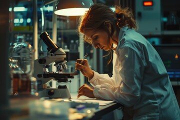 Wall Mural - A scientist looks at a microscopic slide in her laboratory, possibly analyzing a sample